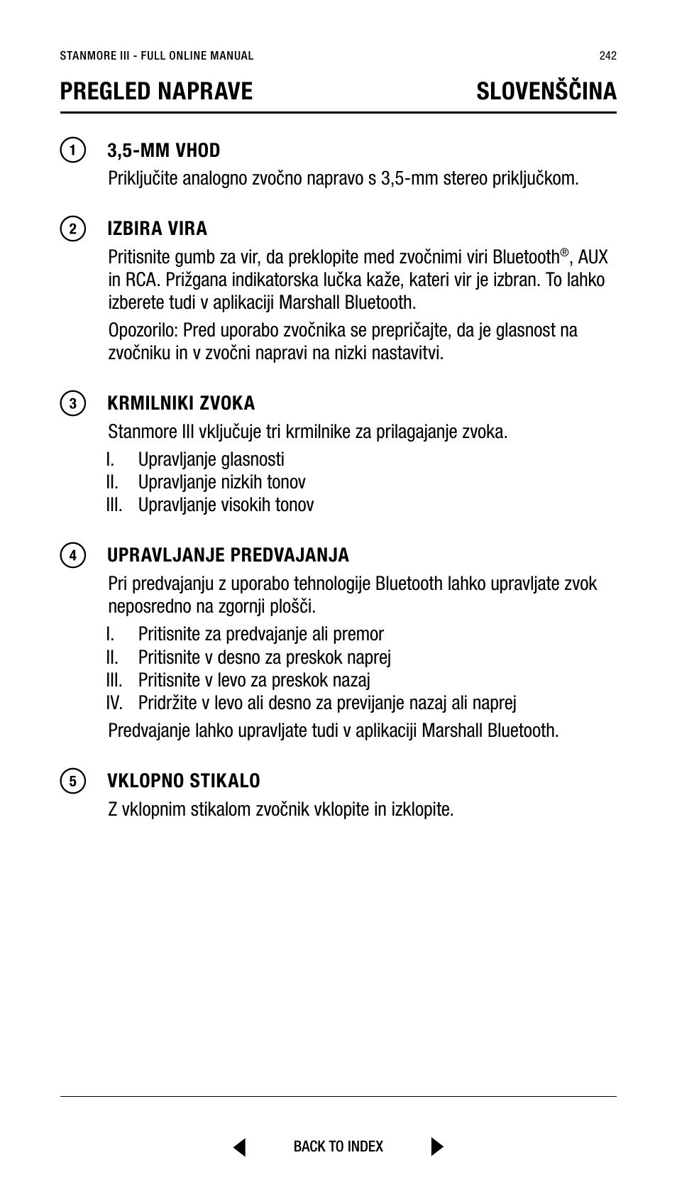 Pregled naprave slovenščina | Marshall Stanmore III Bluetooth Speaker System (Black) User Manual | Page 242 / 307