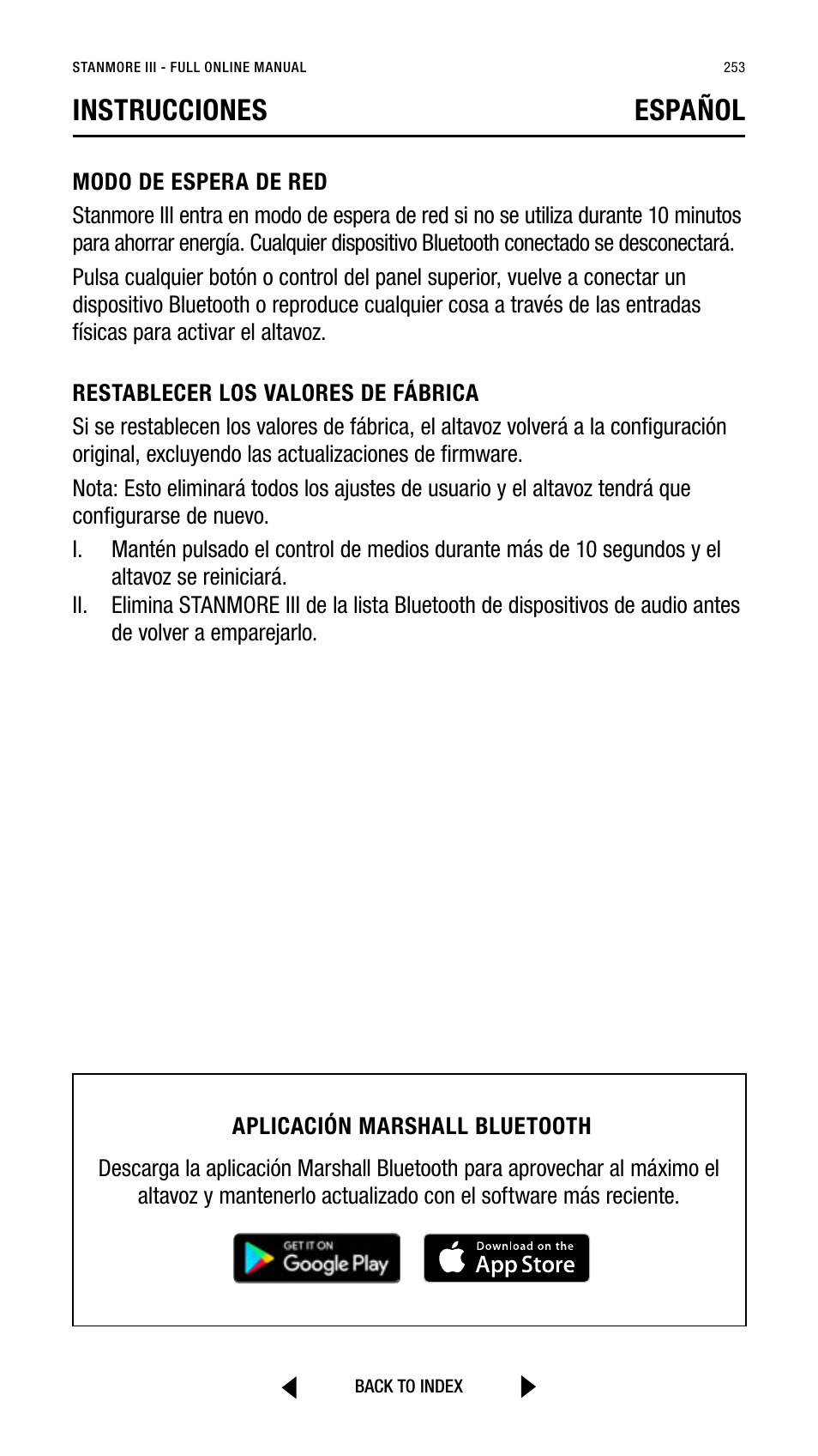 Instrucciones español | Marshall Stanmore III Bluetooth Speaker System (Black) User Manual | Page 253 / 307