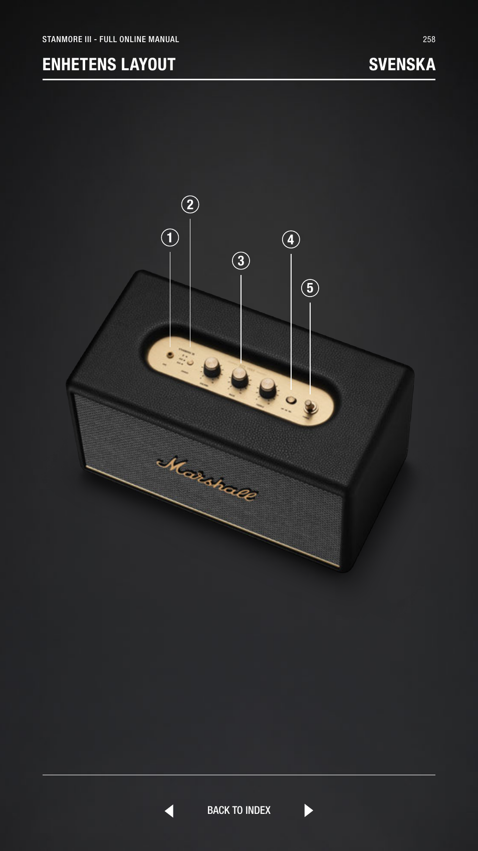 Swedish, Svenska, Enhetens layout svenska | Marshall Stanmore III Bluetooth Speaker System (Black) User Manual | Page 258 / 307