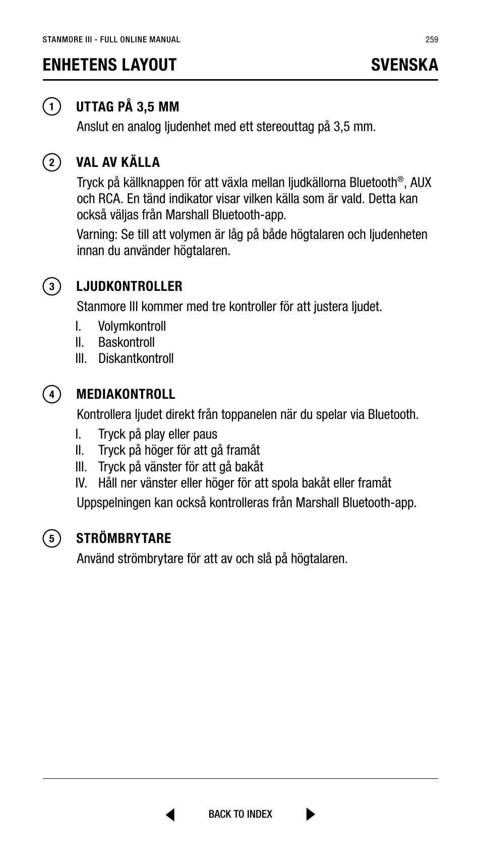 Enhetens layout svenska | Marshall Stanmore III Bluetooth Speaker System (Black) User Manual | Page 259 / 307