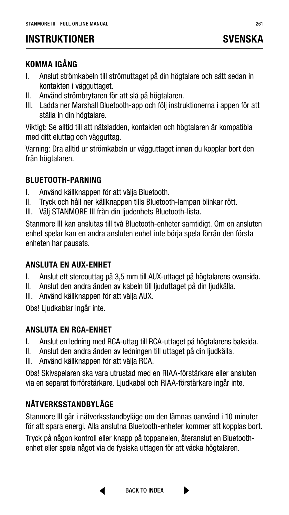 Instruktioner svenska | Marshall Stanmore III Bluetooth Speaker System (Black) User Manual | Page 261 / 307