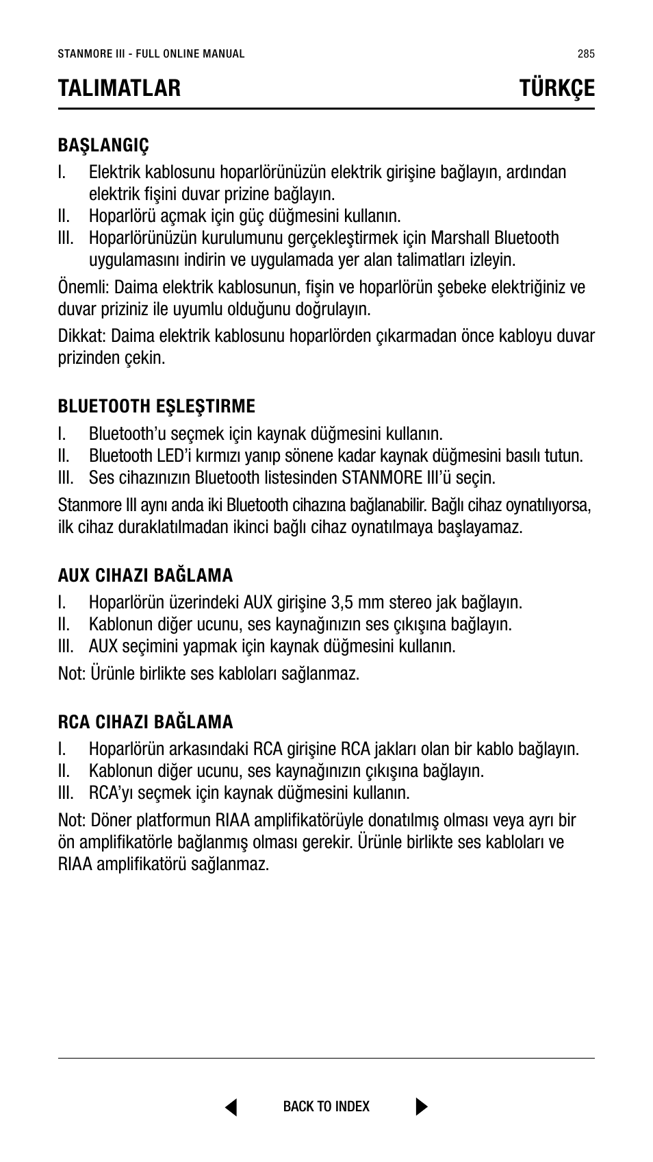 Talimatlar türkçe | Marshall Stanmore III Bluetooth Speaker System (Black) User Manual | Page 285 / 307