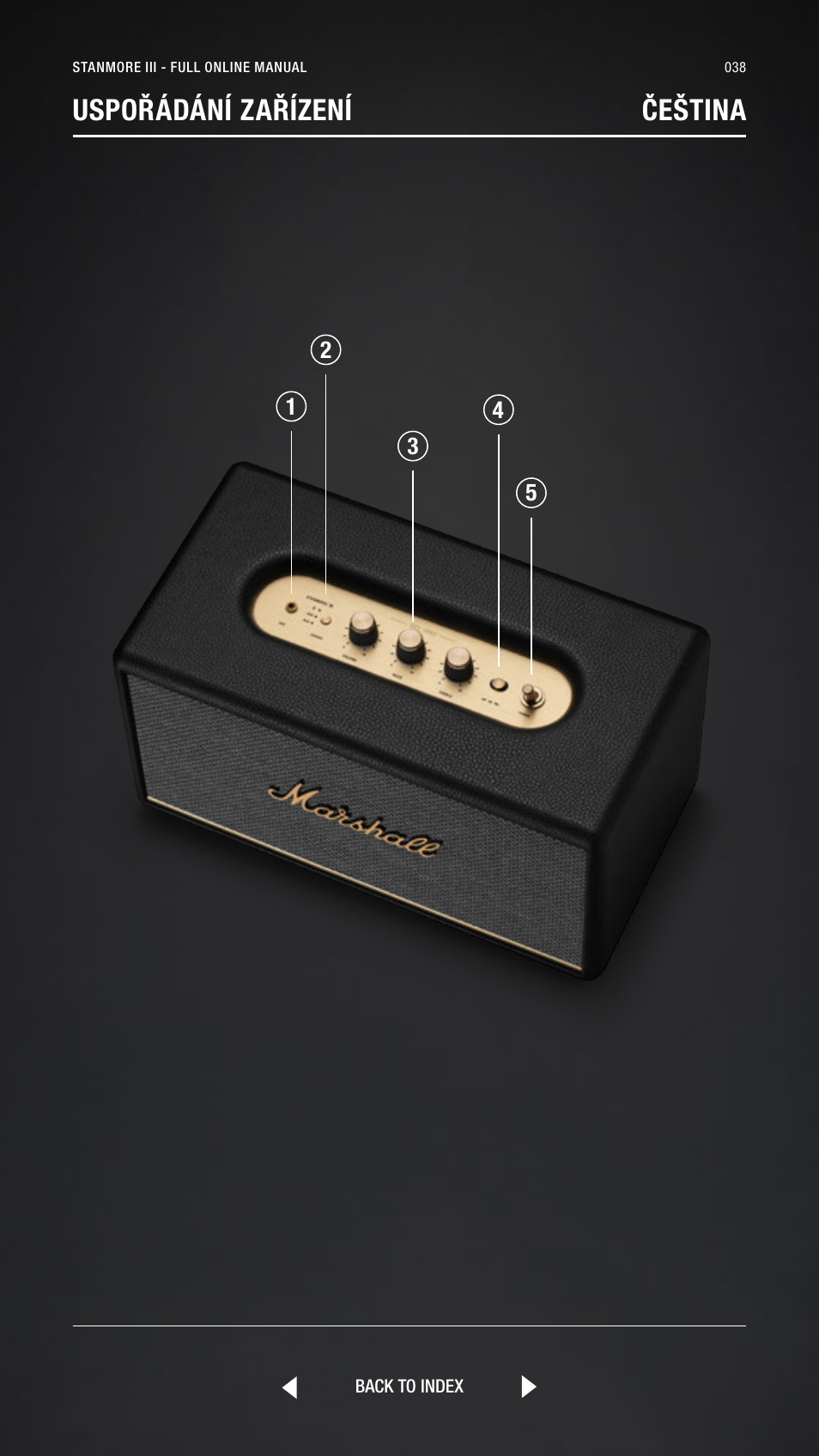 Czech, Čeština, Uspořádání zařízení čeština | Marshall Stanmore III Bluetooth Speaker System (Black) User Manual | Page 38 / 307