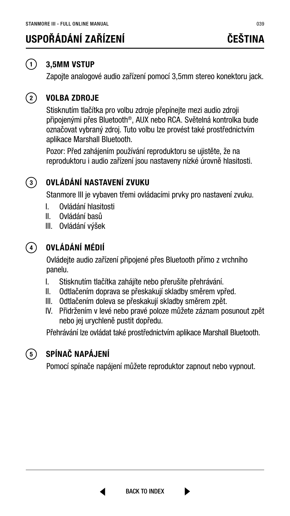 Uspořádání zařízení čeština | Marshall Stanmore III Bluetooth Speaker System (Black) User Manual | Page 39 / 307