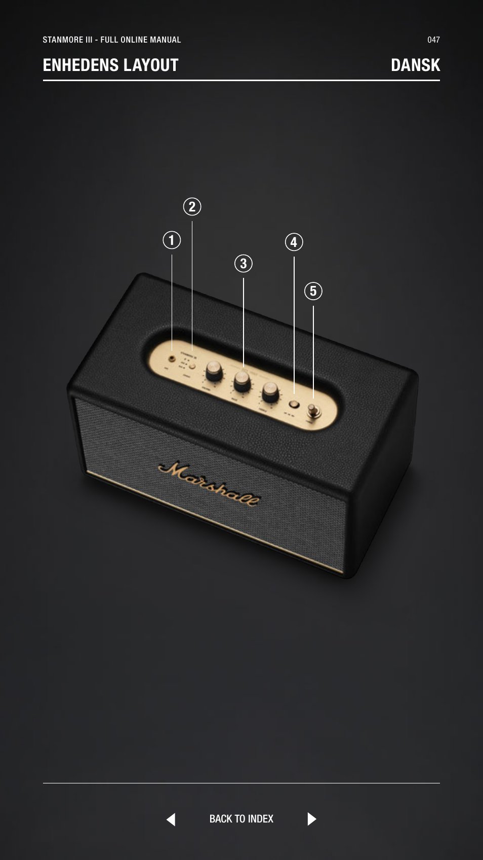 Danish, Dansk, Enhedens layout dansk | Marshall Stanmore III Bluetooth Speaker System (Black) User Manual | Page 47 / 307