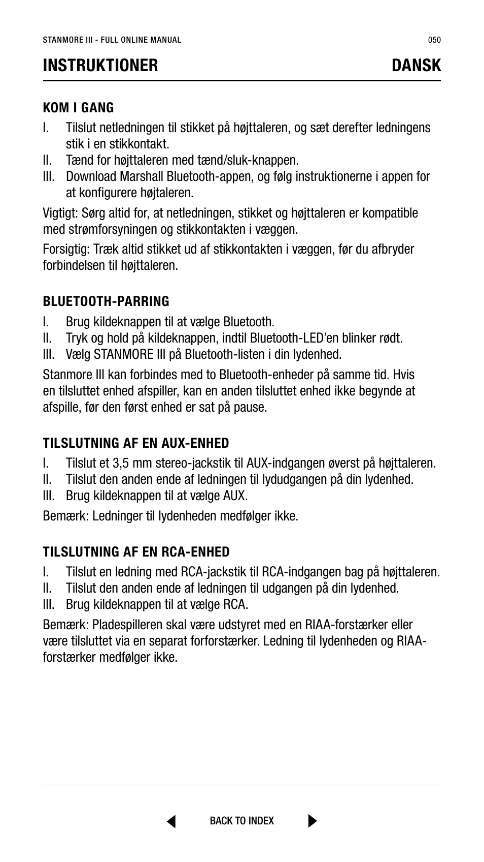 Instruktioner dansk | Marshall Stanmore III Bluetooth Speaker System (Black) User Manual | Page 50 / 307