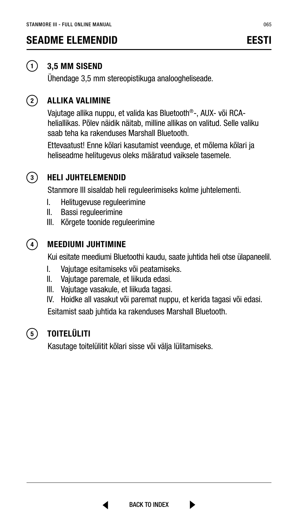 Seadme elemendid eesti | Marshall Stanmore III Bluetooth Speaker System (Black) User Manual | Page 65 / 307