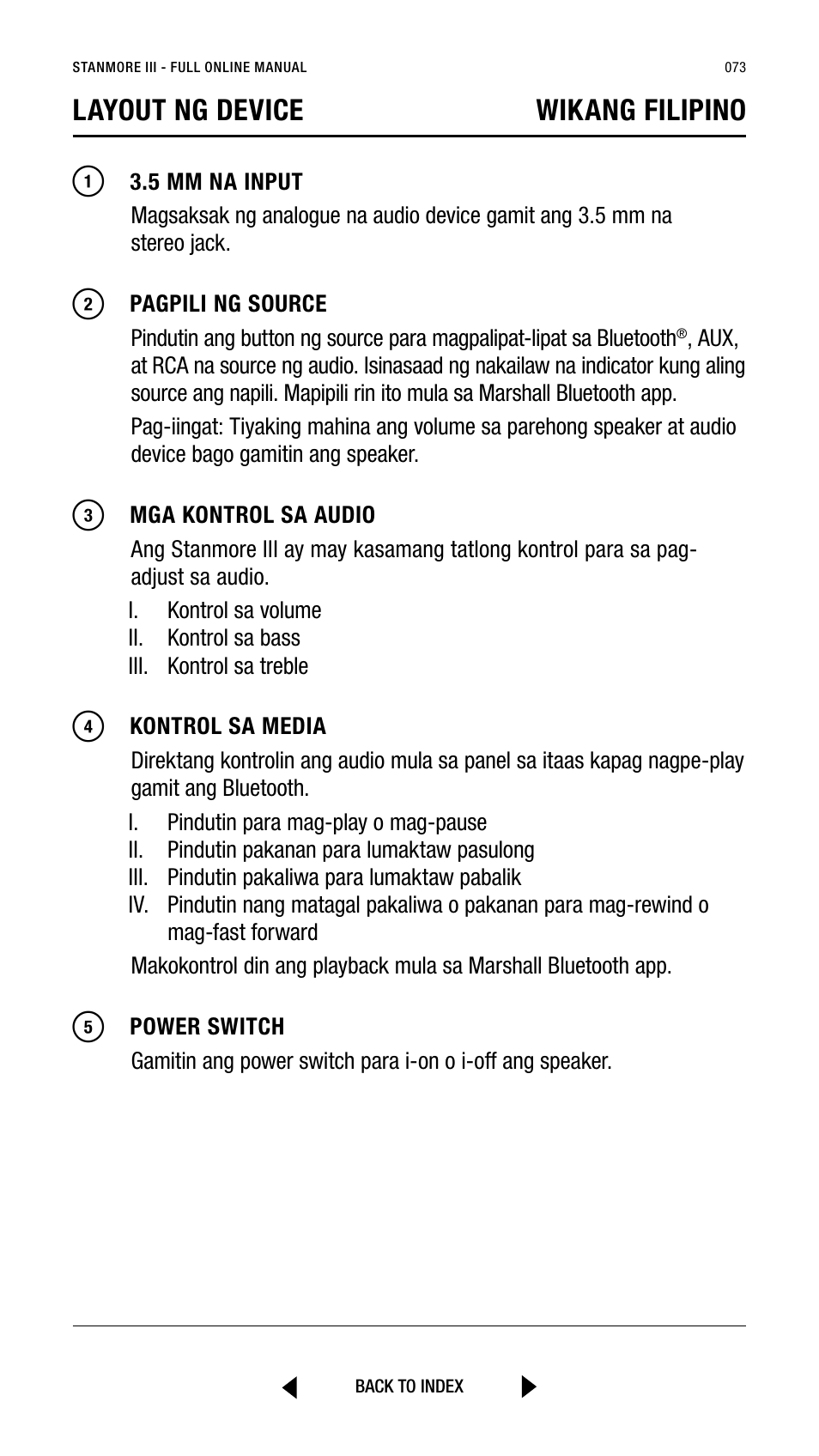 Layout ng device wikang filipino | Marshall Stanmore III Bluetooth Speaker System (Black) User Manual | Page 73 / 307