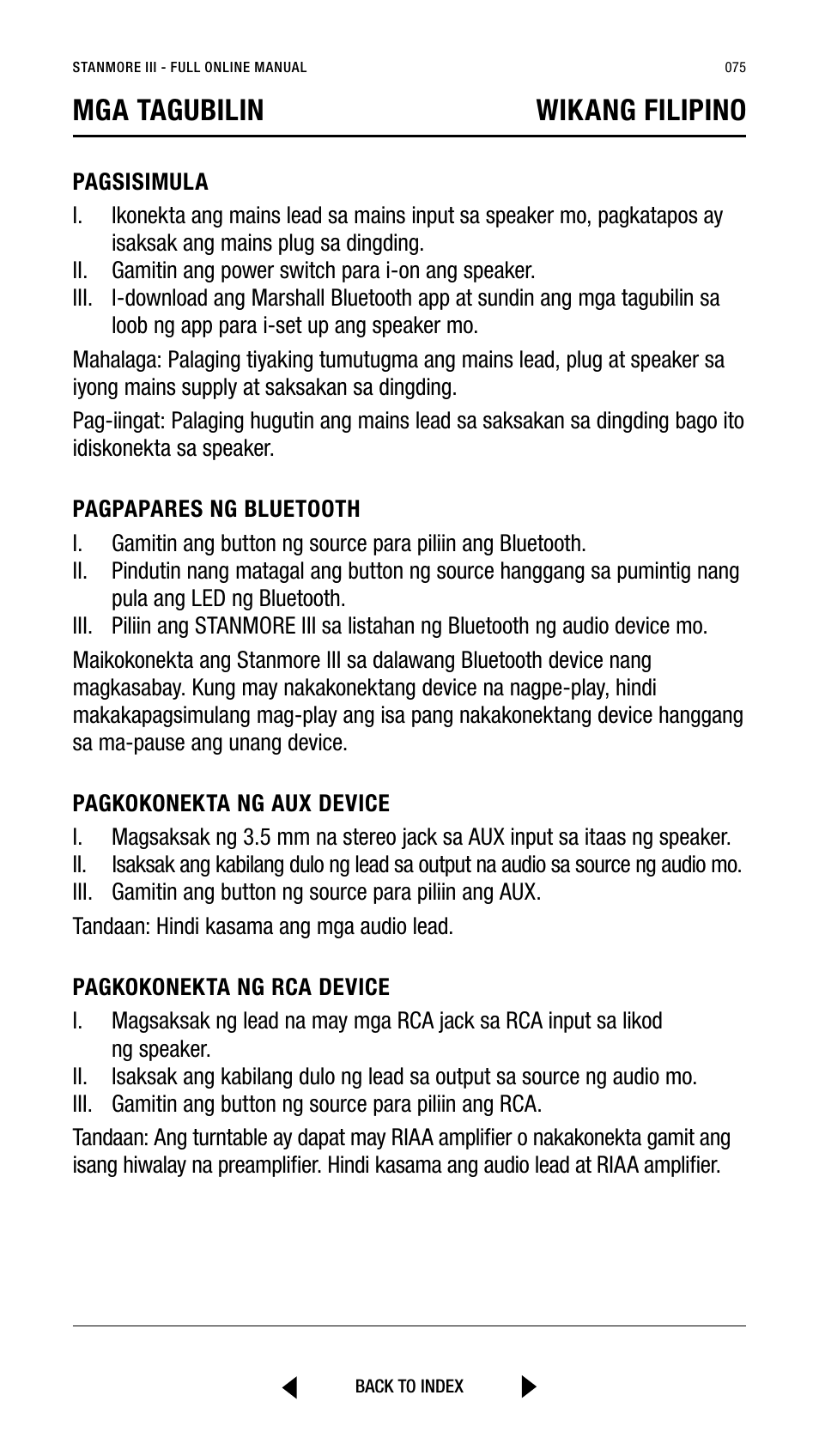 Mga tagubilin wikang filipino | Marshall Stanmore III Bluetooth Speaker System (Black) User Manual | Page 75 / 307