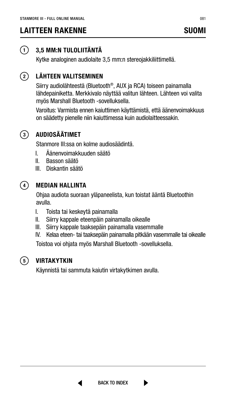 Laitteen rakenne suomi | Marshall Stanmore III Bluetooth Speaker System (Black) User Manual | Page 81 / 307