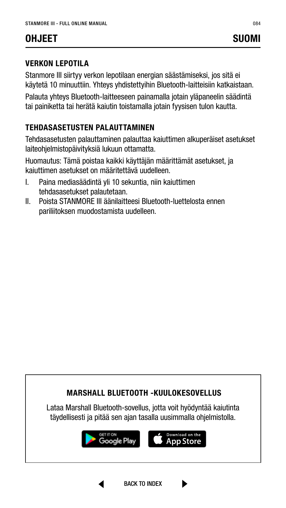 Ohjeet suomi | Marshall Stanmore III Bluetooth Speaker System (Black) User Manual | Page 84 / 307