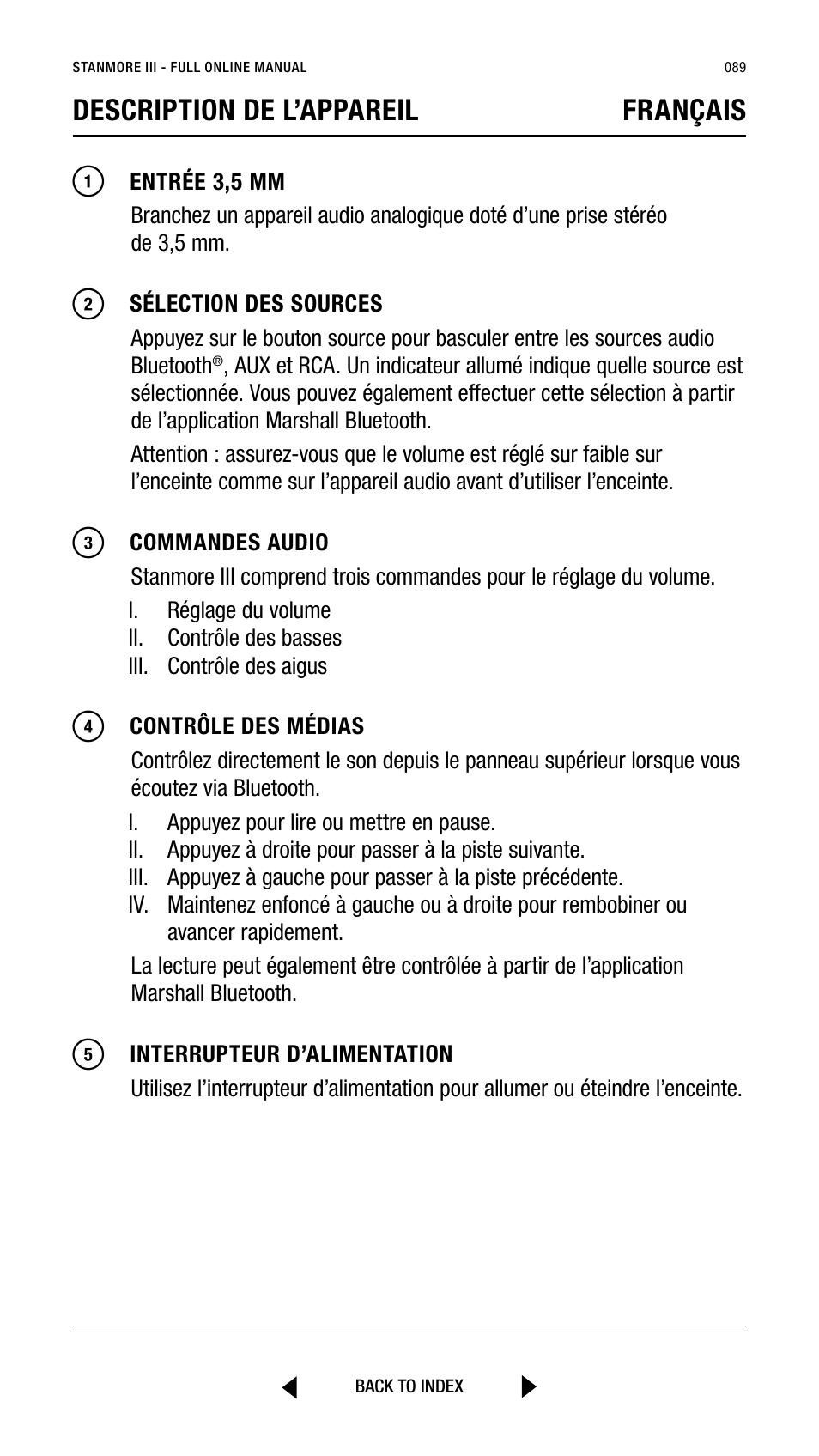 Description de l’appareil français | Marshall Stanmore III Bluetooth Speaker System (Black) User Manual | Page 89 / 307