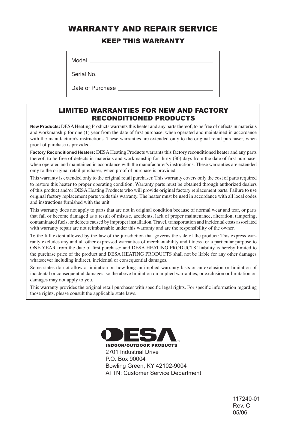 Warranty and repair service, Keep this warranty | Desa 000 BTu User Manual | Page 10 / 32