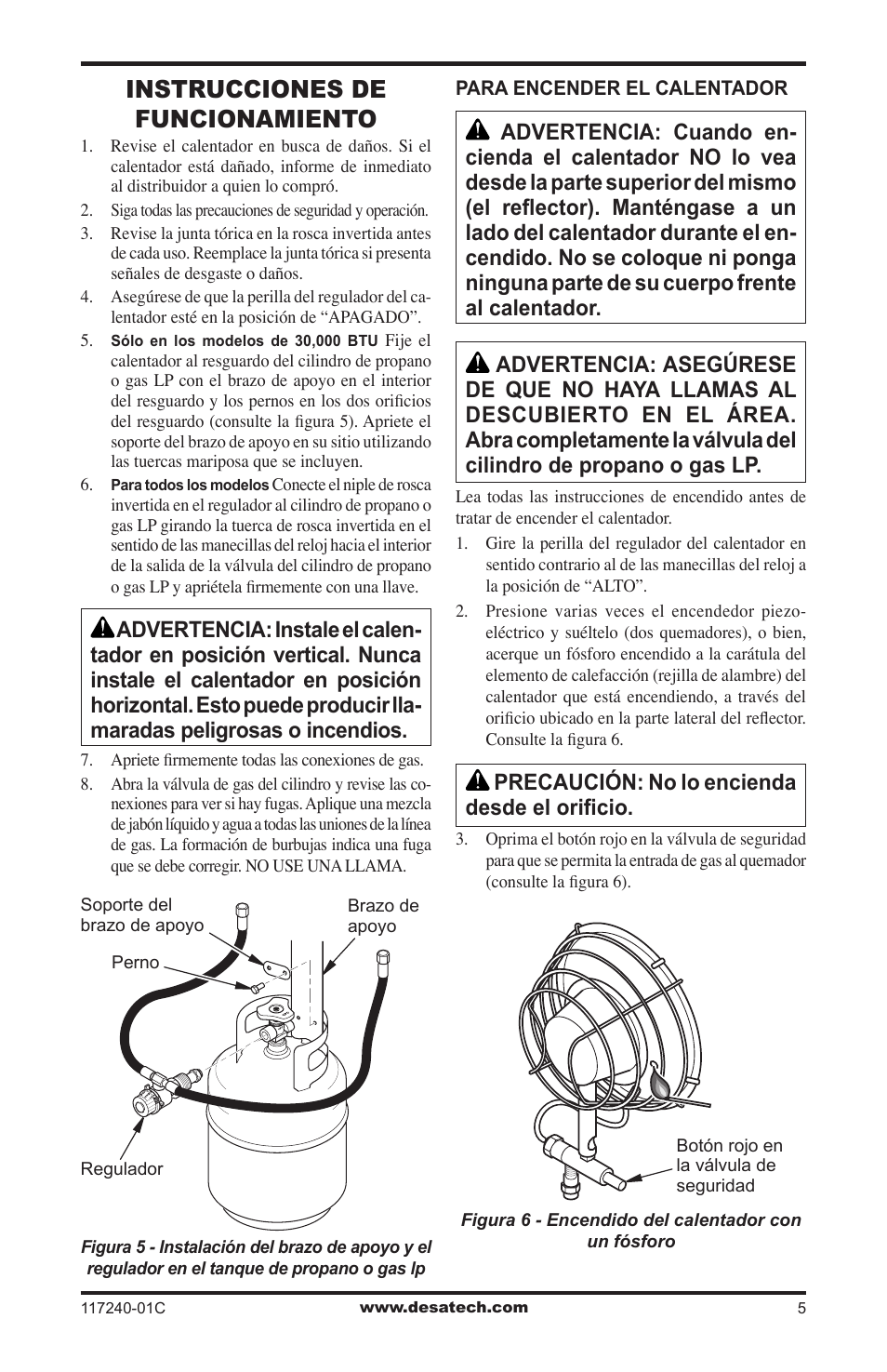 Instrucciones de funcionamiento, Precaución: no lo encienda desde el orificio | Desa 000 BTu User Manual | Page 15 / 32