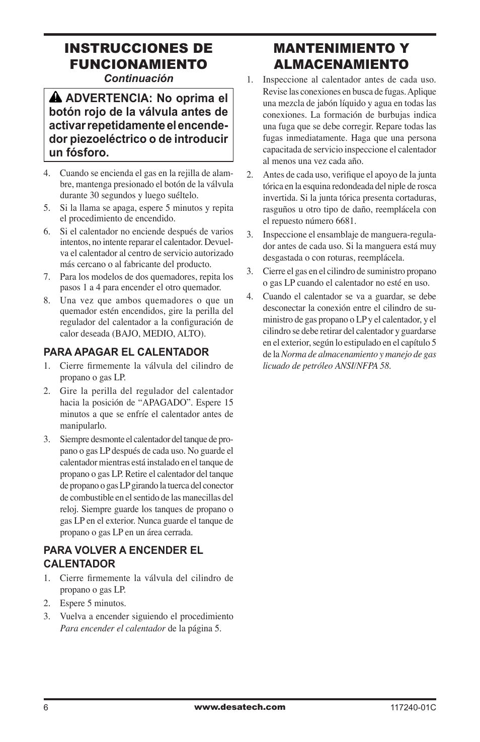 Mantenimiento y almacenamiento, Instrucciones de funcionamiento | Desa 000 BTu User Manual | Page 16 / 32