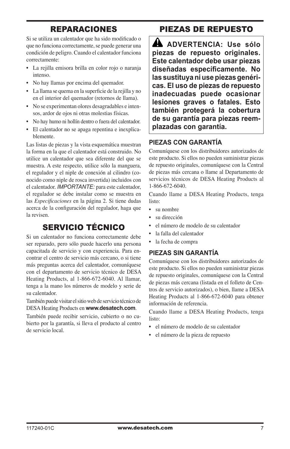 Reparaciones, Servicio técnico, Piezas de repuesto | Desa 000 BTu User Manual | Page 17 / 32