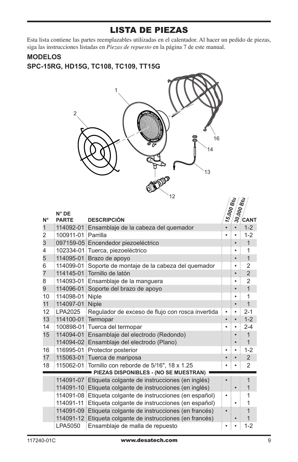 Lista de piezas | Desa 000 BTu User Manual | Page 19 / 32