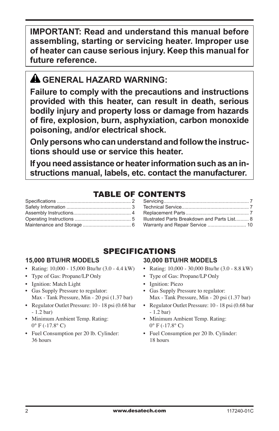 Desa 000 BTu User Manual | Page 2 / 32