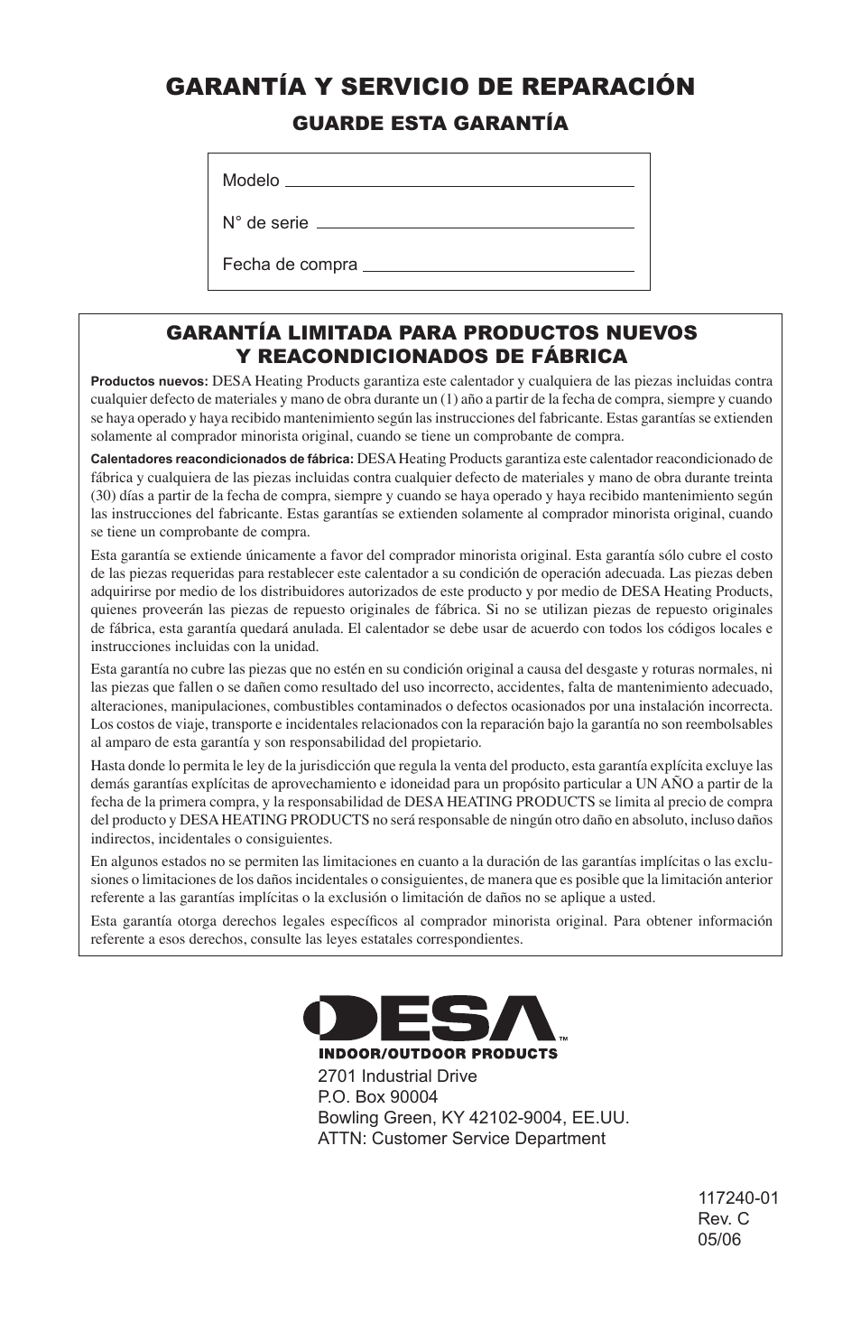 Garantía y servicio de reparación, Guarde esta garantía | Desa 000 BTu User Manual | Page 20 / 32