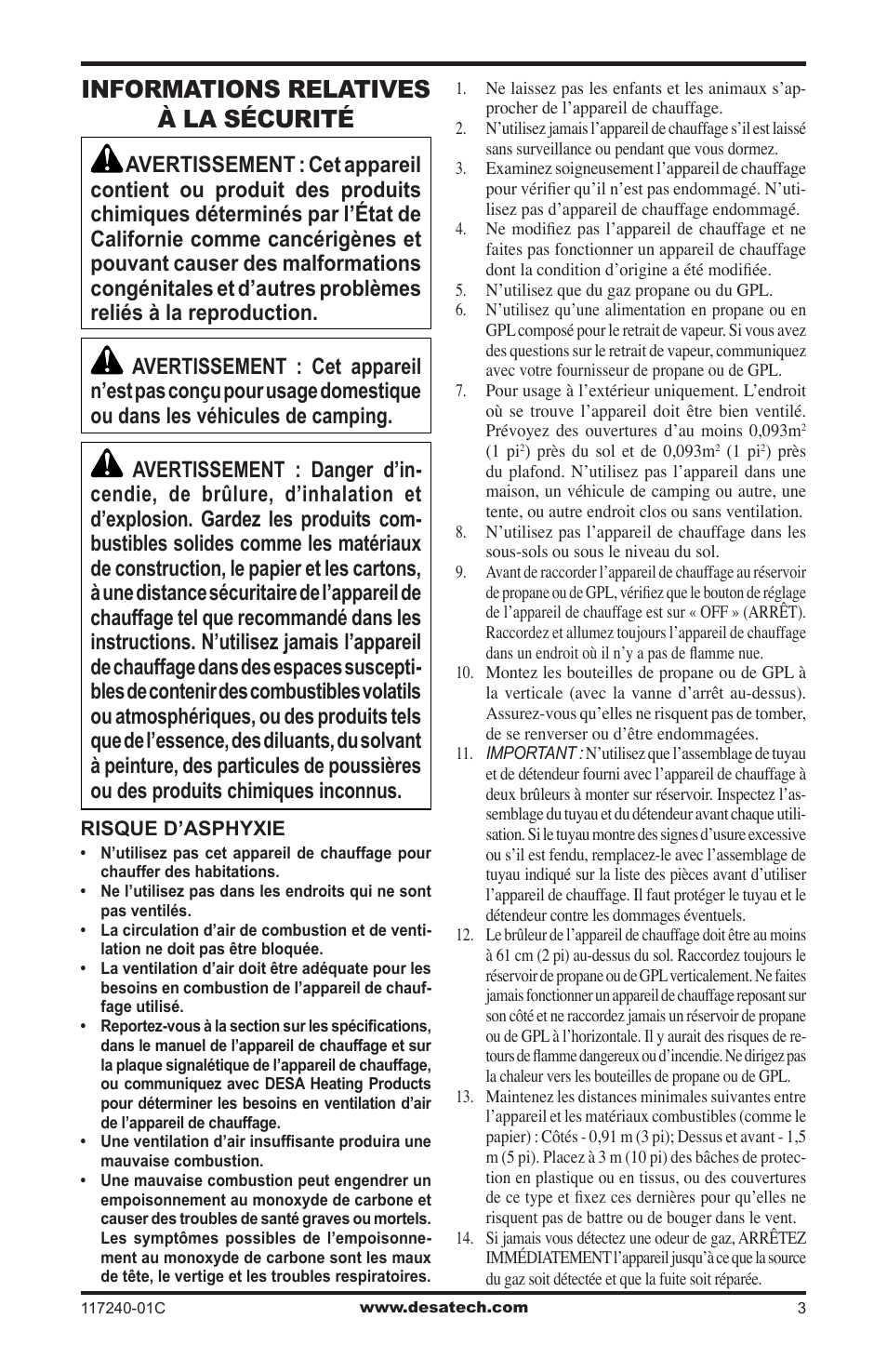 Informations relatives à la sécurité | Desa 000 BTu User Manual | Page 23 / 32