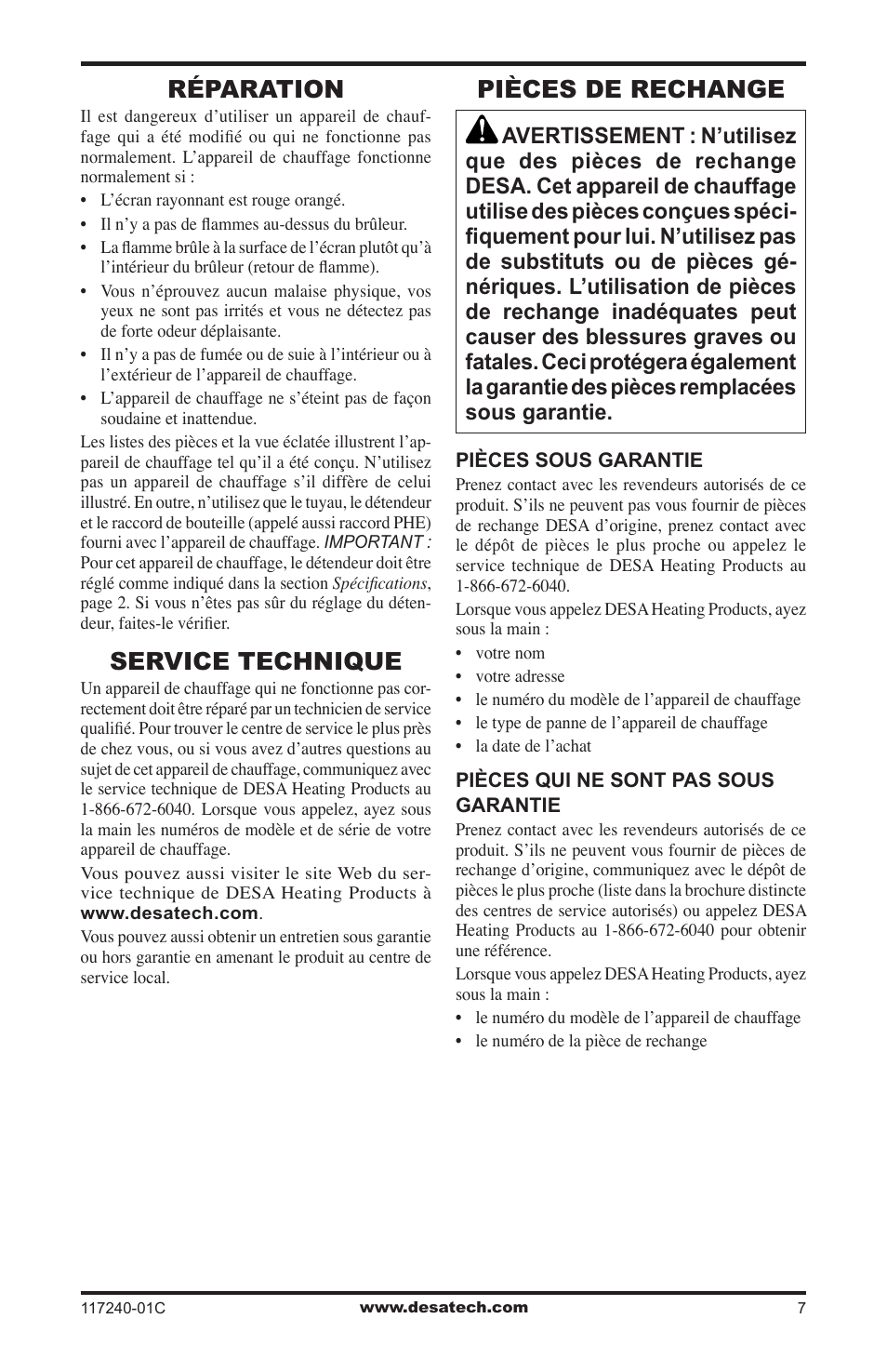 Réparation, Service technique, Pièces de rechange | Desa 000 BTu User Manual | Page 27 / 32