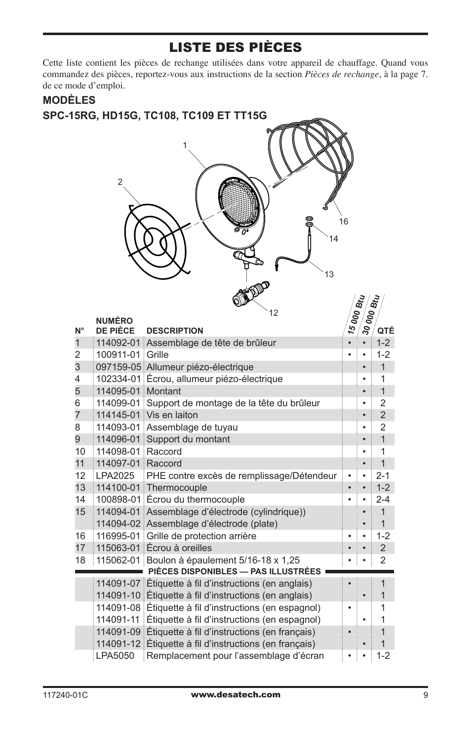 Liste des pièces | Desa 000 BTu User Manual | Page 29 / 32