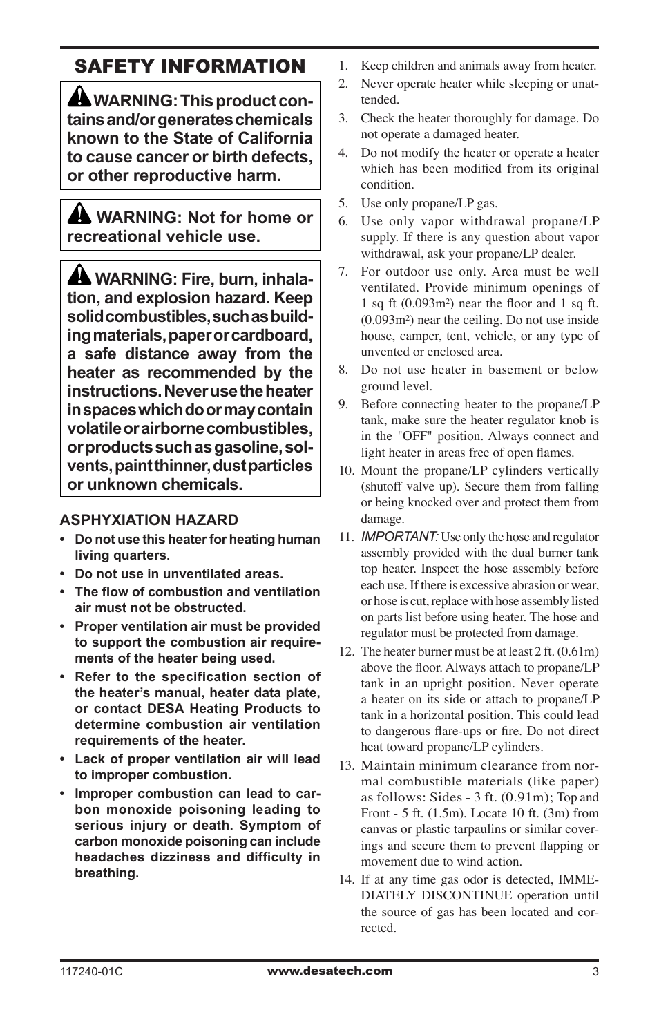 Safety information | Desa 000 BTu User Manual | Page 3 / 32