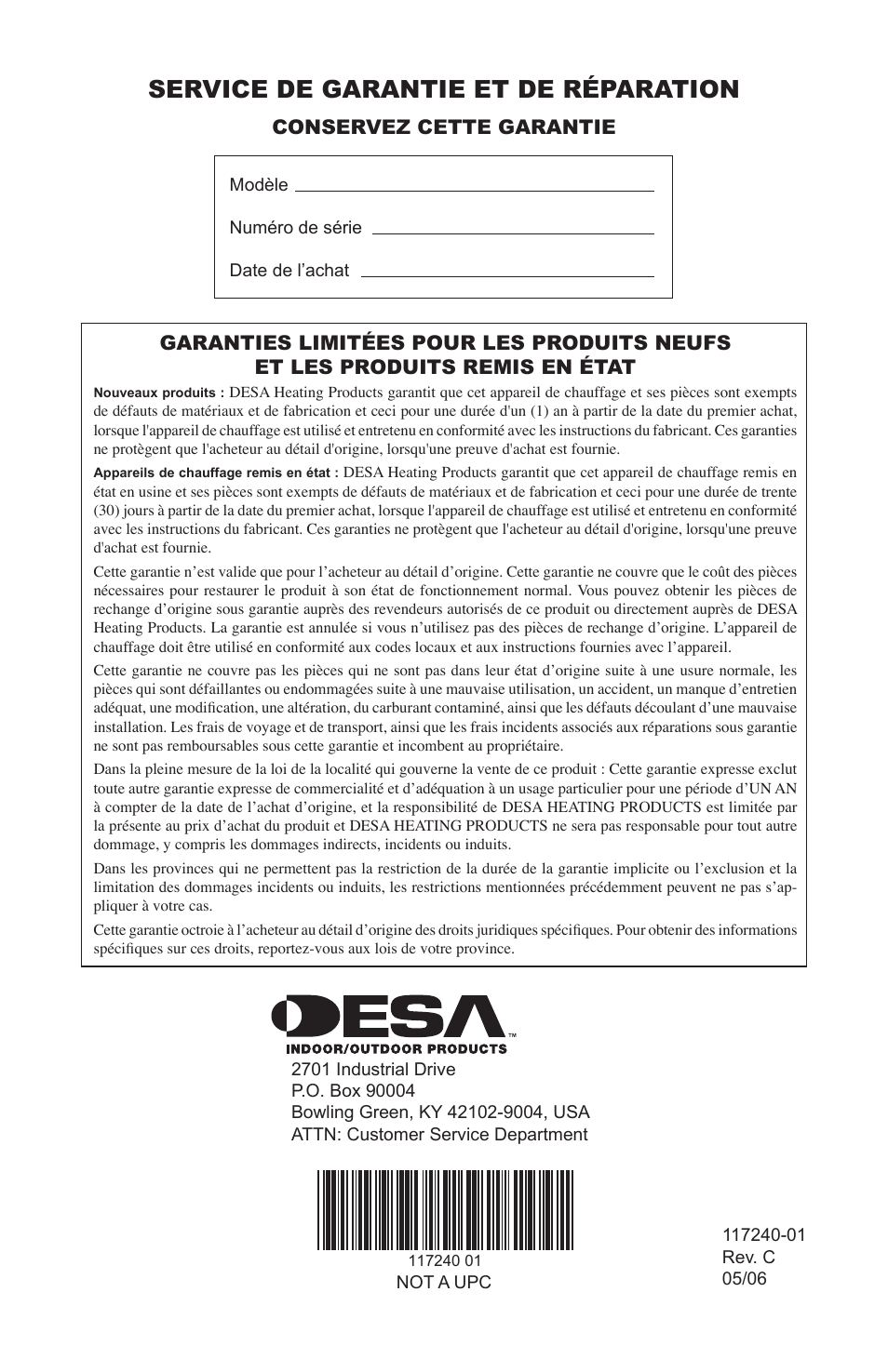 Service de garantie et de réparation, Conservez cette garantie | Desa 000 BTu User Manual | Page 32 / 32