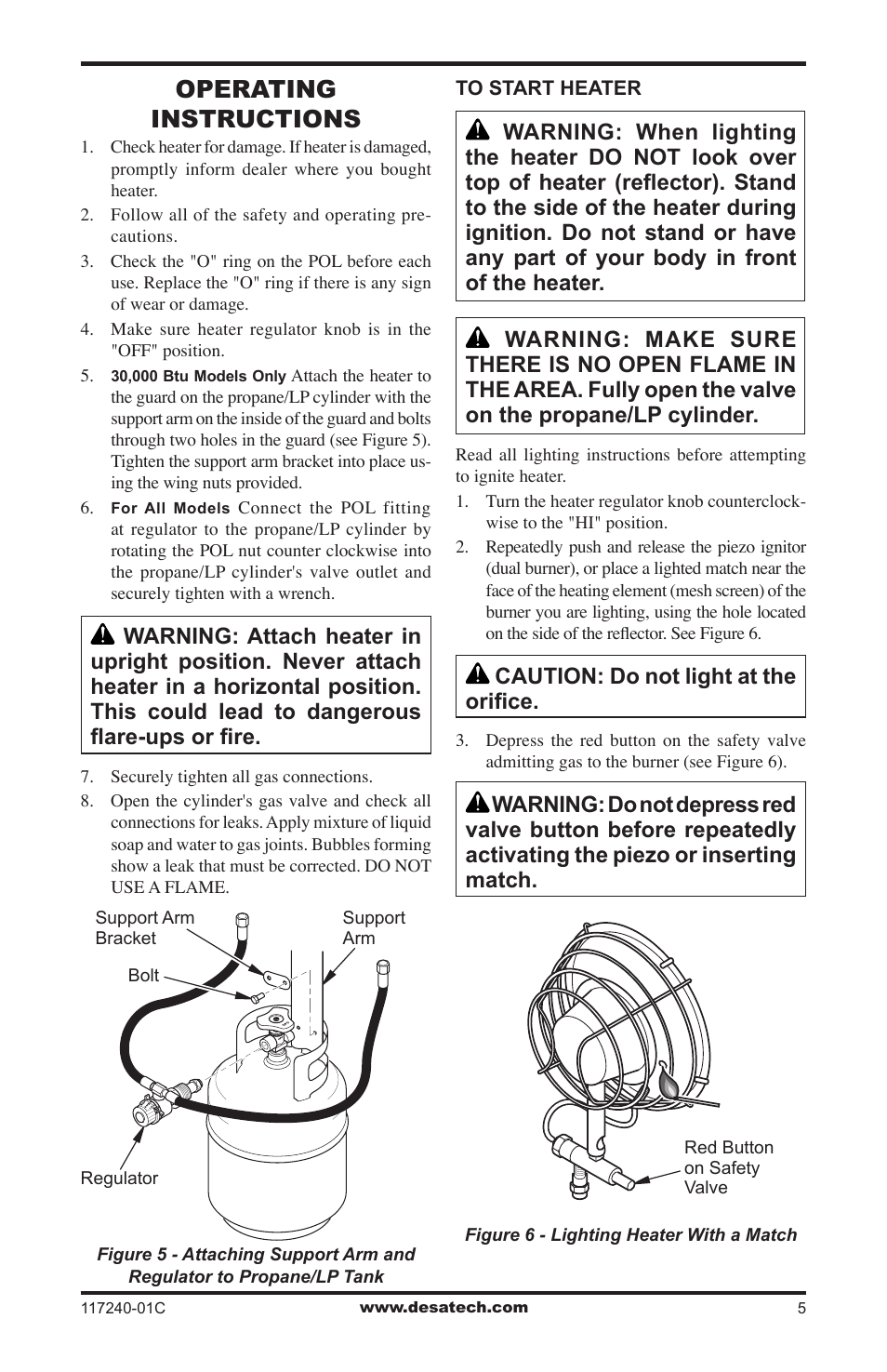 Operating instructions, Caution: do not light at the orifice | Desa 000 BTu User Manual | Page 5 / 32