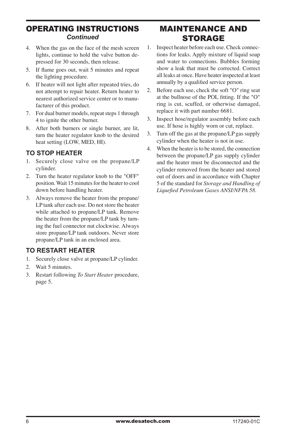 Maintenance and storage, Operating instructions | Desa 000 BTu User Manual | Page 6 / 32