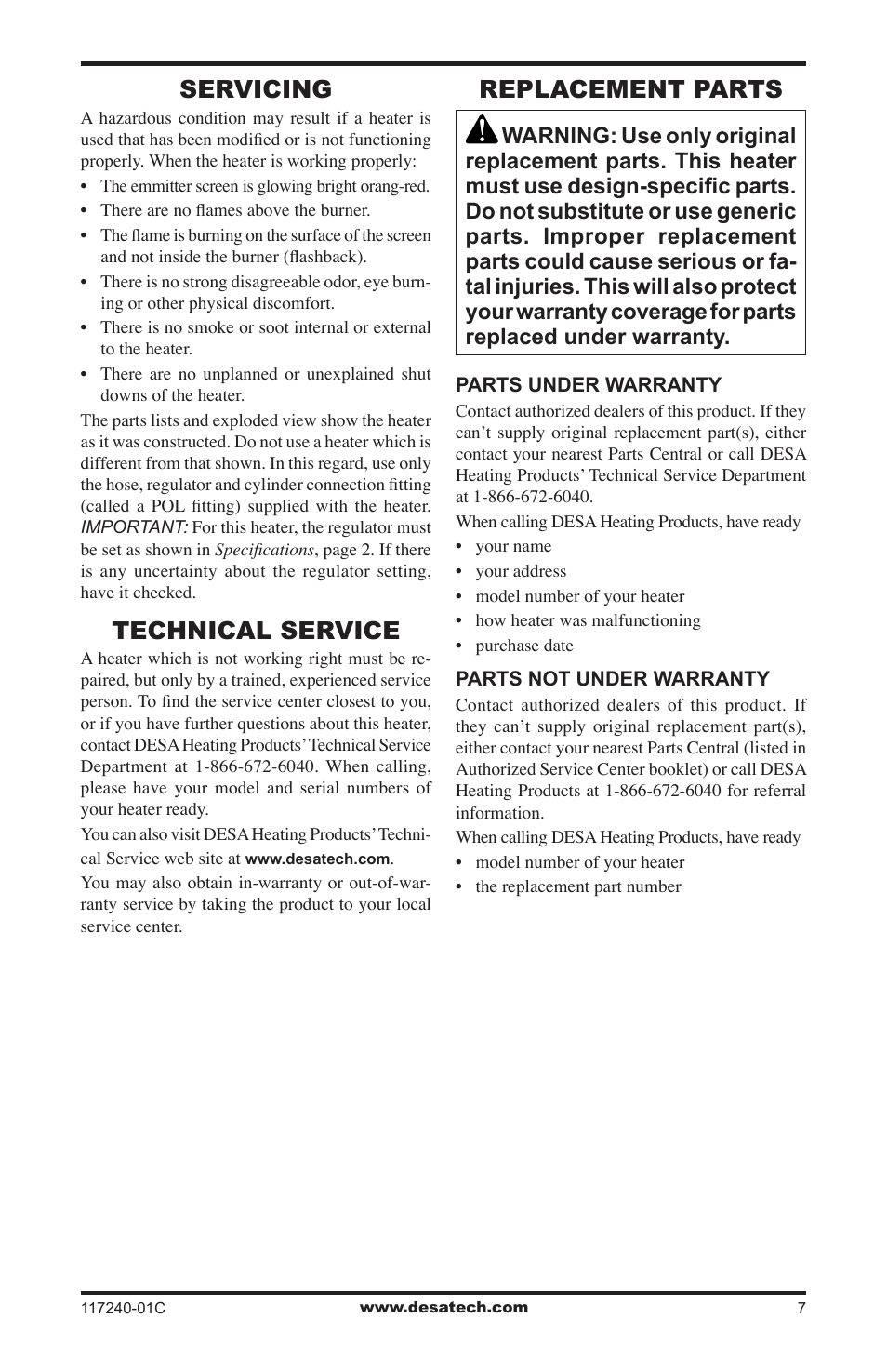 Servicing, Technical service, Replacement parts | Desa 000 BTu User Manual | Page 7 / 32