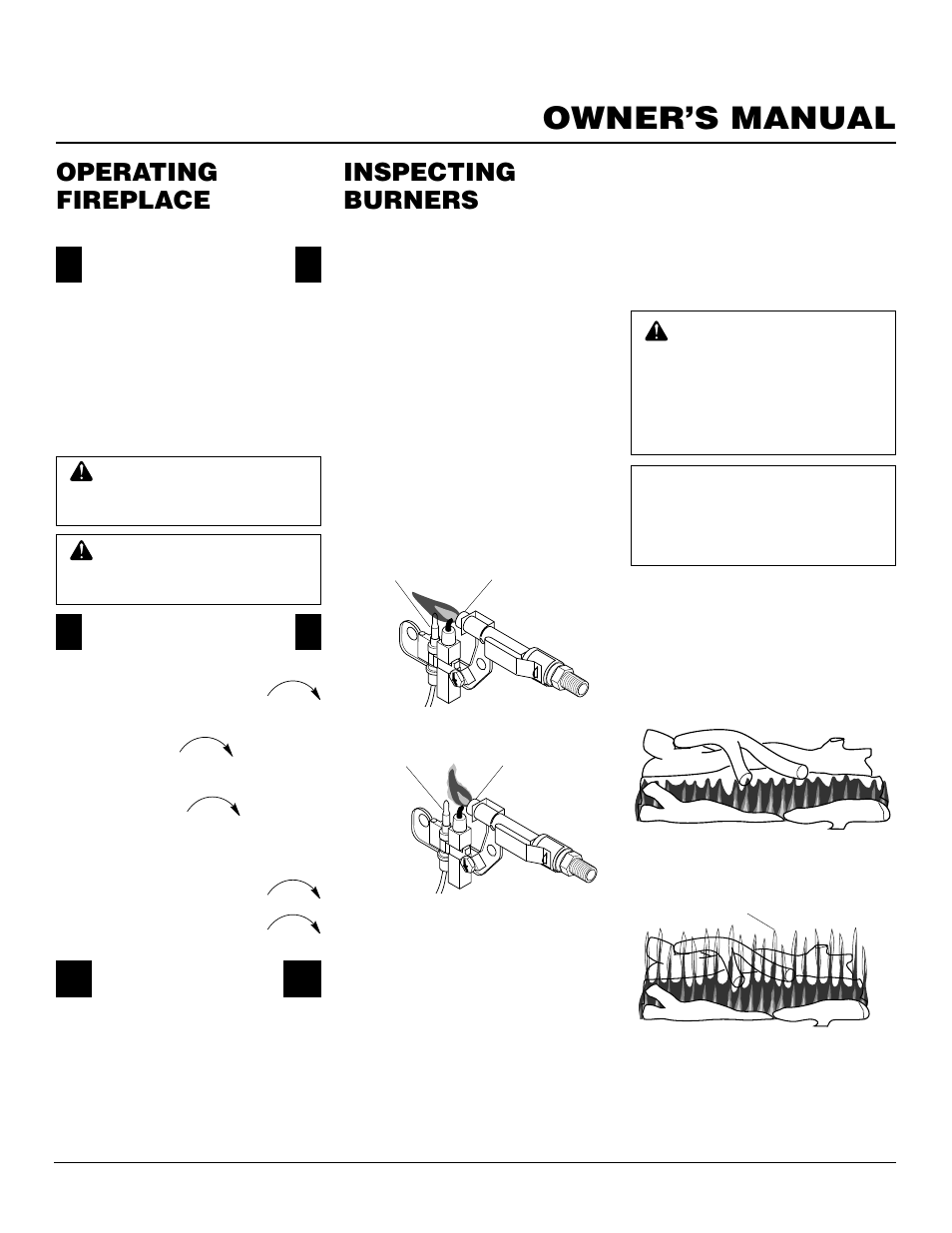 Owner’s manual, Operating fireplace, Inspecting burners | Desa CGFP28NT User Manual | Page 19 / 32