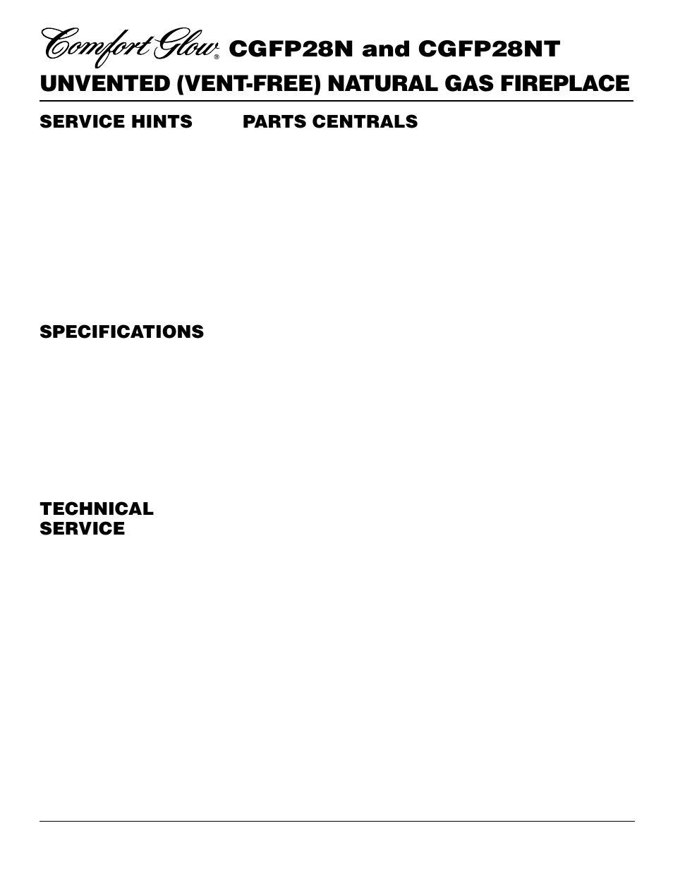 Service hints, Technical service specifications, Parts centrals | Desa CGFP28NT User Manual | Page 24 / 32