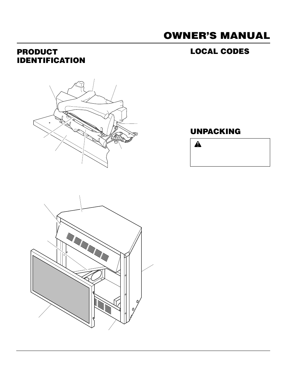 Owner’s manual, Local codes, Product identification unpacking | Desa CGFP28NT User Manual | Page 3 / 32