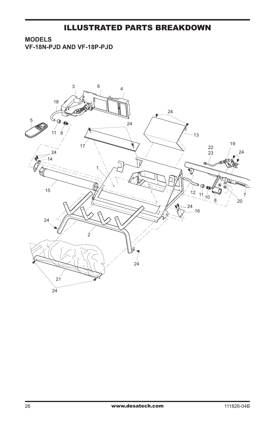 Illustrated parts breakdown and parts list, Illustrated parts breakdown, Models vf-18n-pjd and vf-18p-pjd | Desa VF-24P-PJD  EN User Manual | Page 26 / 32