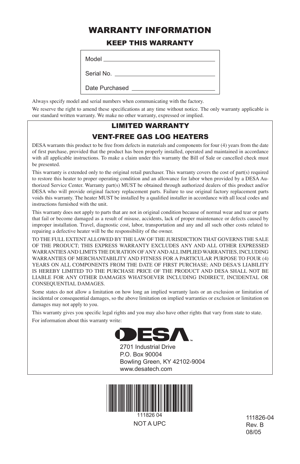 Warranty information, Keep this warranty, Limited warranty vent-free gas log heaters | Desa VF-24P-PJD  EN User Manual | Page 32 / 32