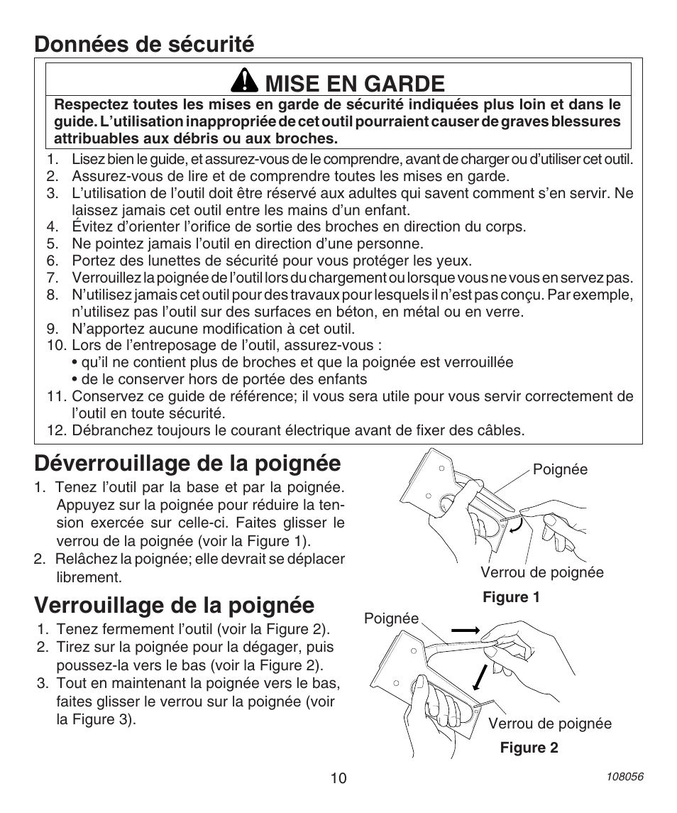 Données de sécurité déverrouillage de la poignée, Verrouillage de la poignée, Mise en garde | Desa 12-14NM User Manual | Page 10 / 12