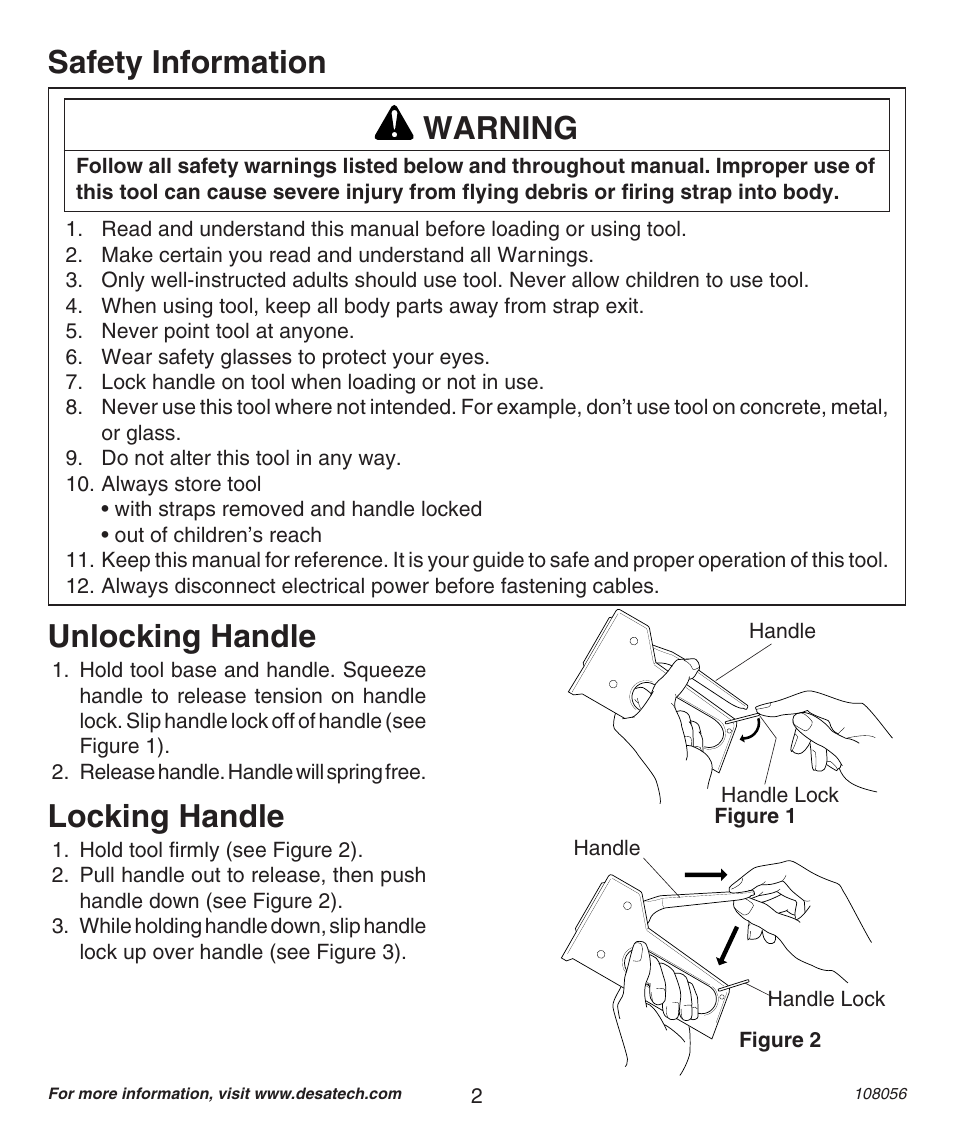 Safety information, Unlocking handle, Locking handle | Warning | Desa 12-14NM User Manual | Page 2 / 12