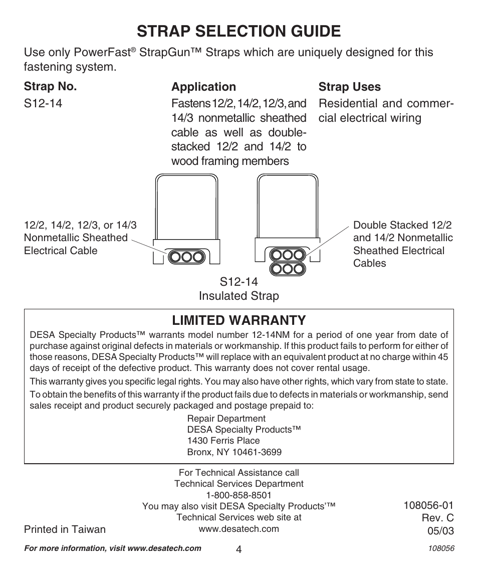 Strap selection guide, Limited warranty | Desa 12-14NM User Manual | Page 4 / 12