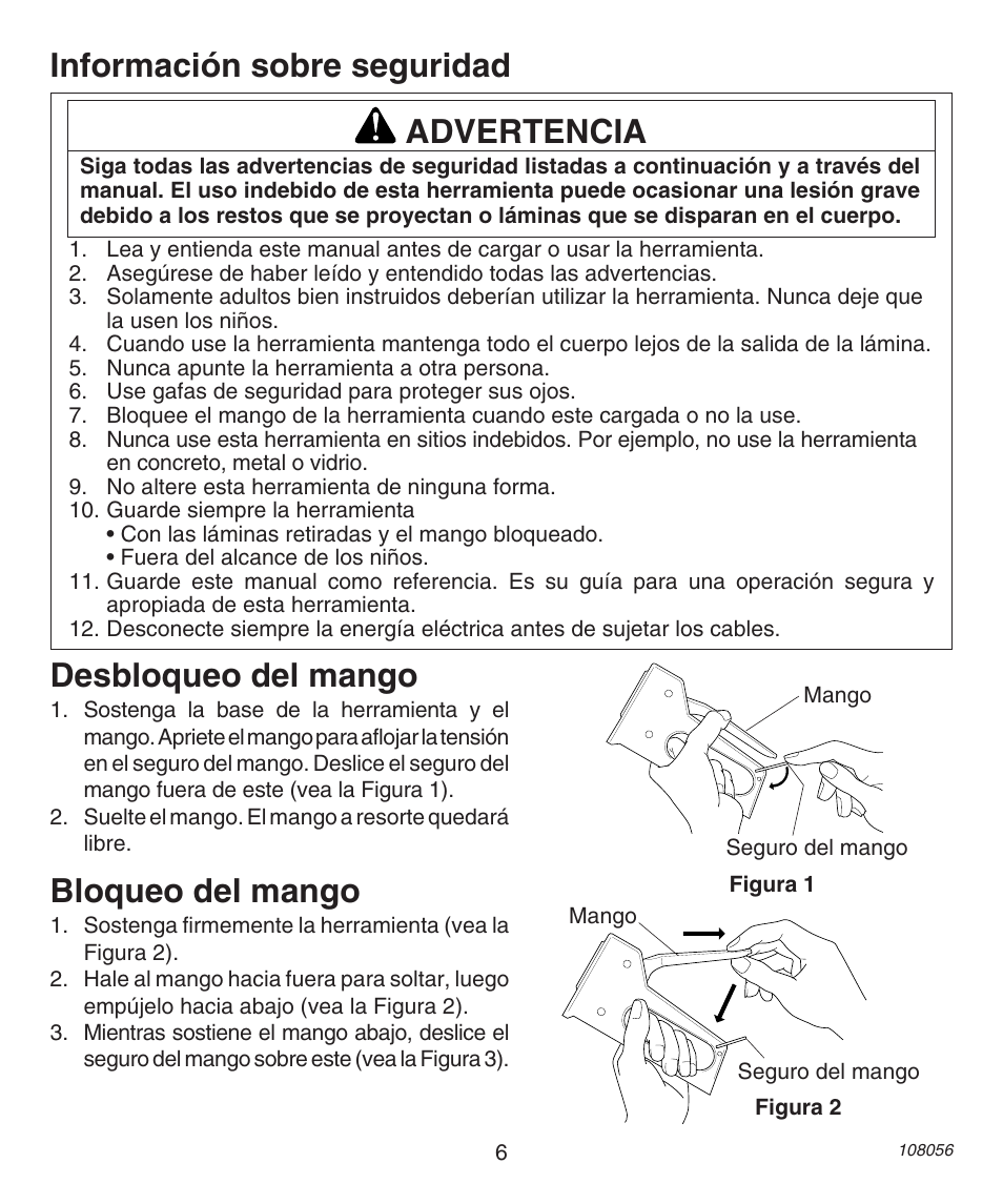 Información sobre seguridad desbloqueo del mango, Bloqueo del mango, Advertencia | Desa 12-14NM User Manual | Page 6 / 12