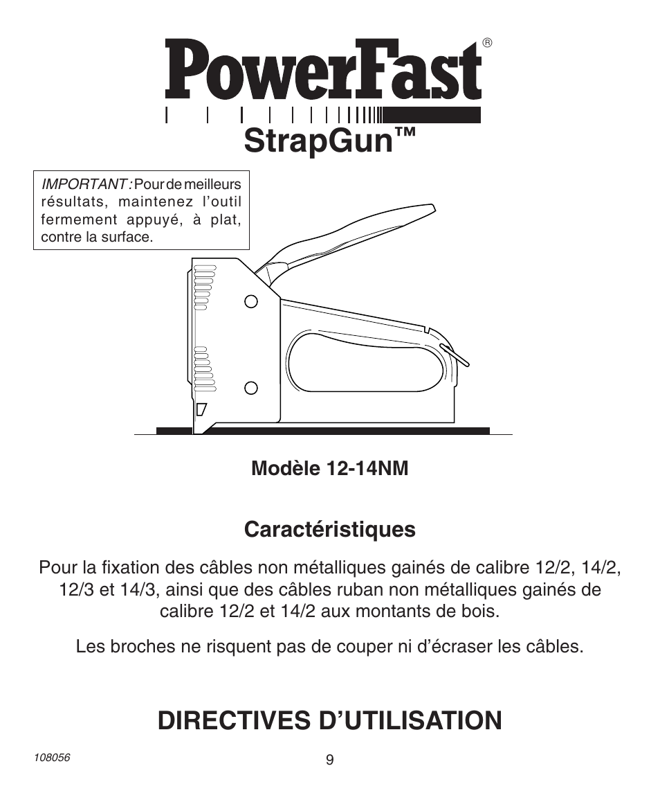 Strapgun, Directives d’utilisation, Caractéristiques | Desa 12-14NM User Manual | Page 9 / 12