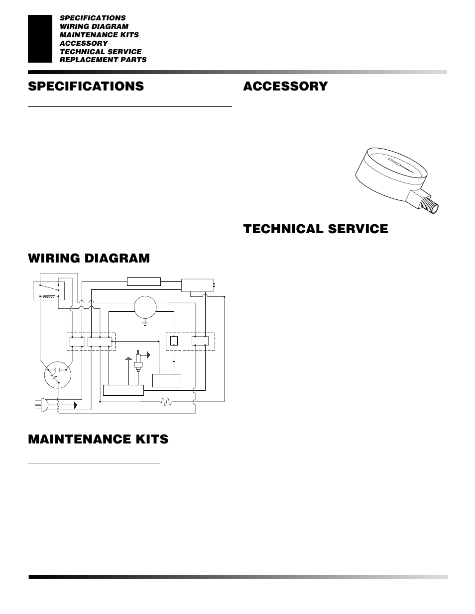 Specifications, Accessory, Wiring diagram | Maintenance kits, Technical service, Special tool to check fuel pump pressure | Desa CP600AK User Manual | Page 18 / 20