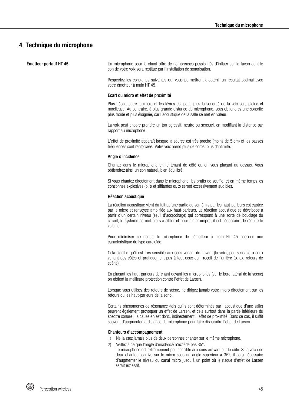 4technique du microphone | Akg Perception Wireless Presenter Set - Frequency A / 530 - 560MHz User Manual | Page 45 / 98