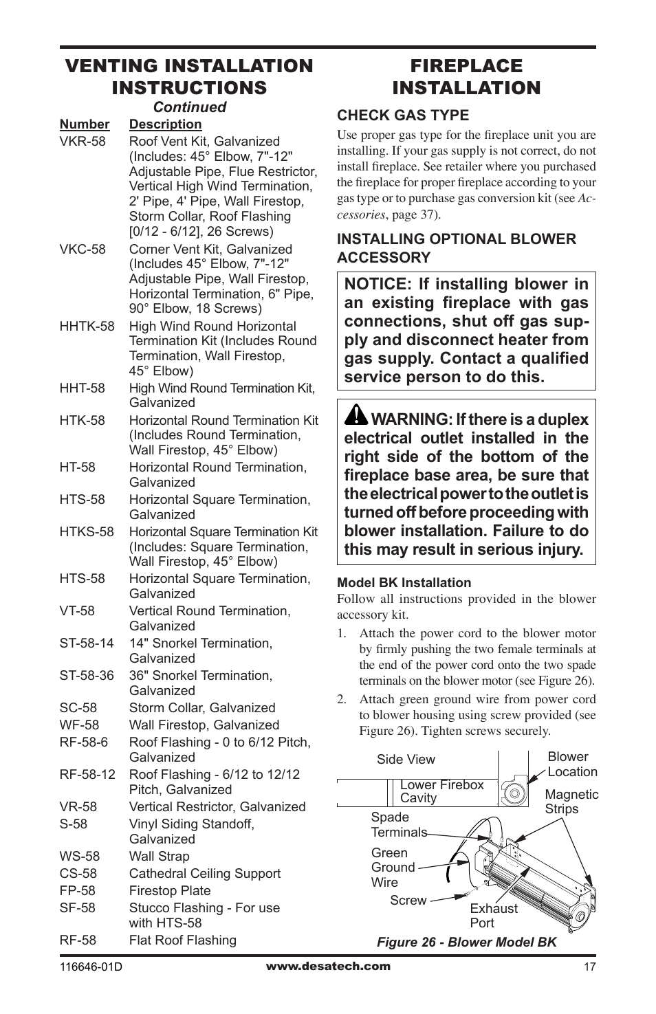 Fireplace installation, Venting installation instructions | Desa T32N-a SERIES User Manual | Page 17 / 44