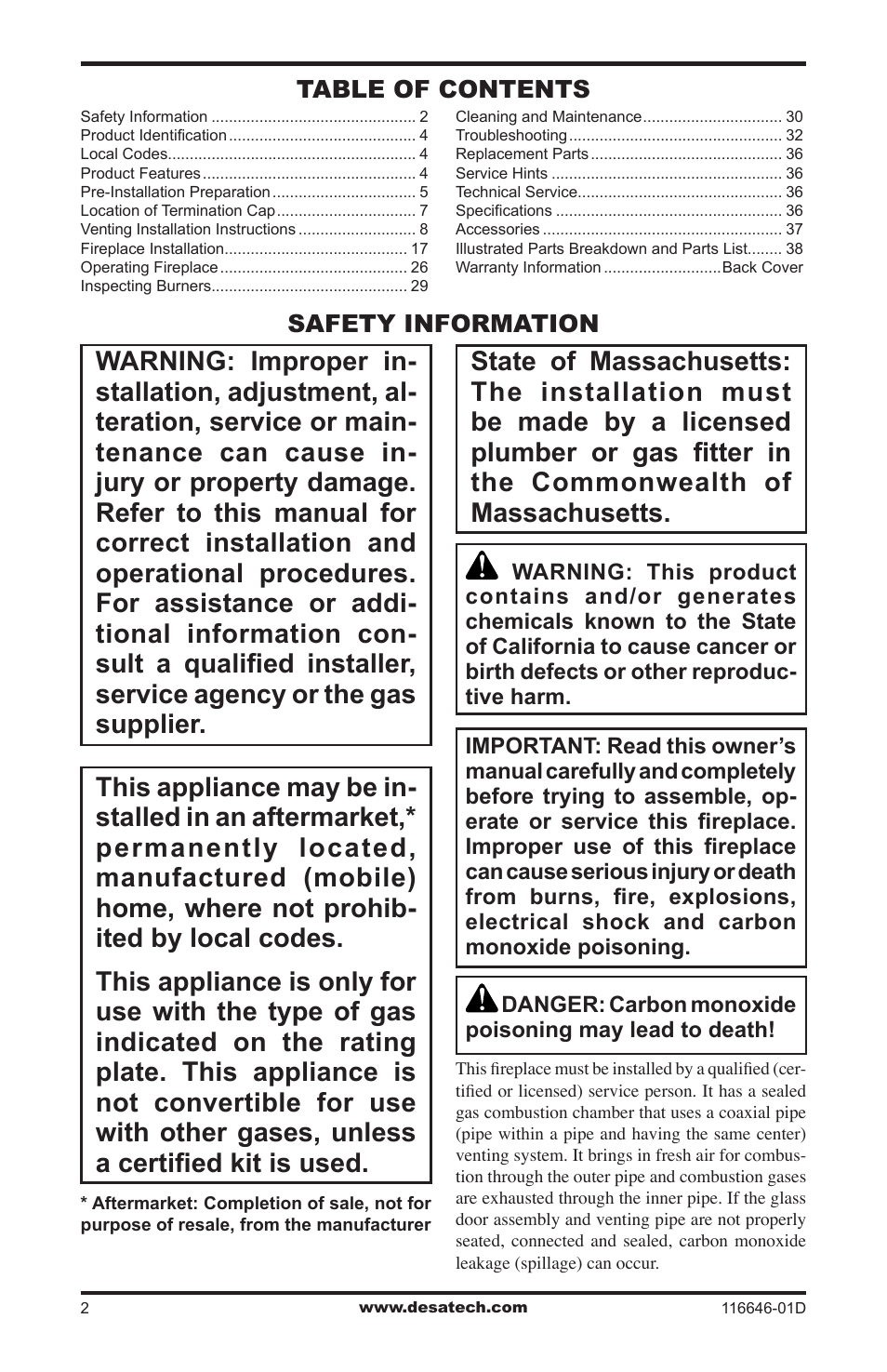 Safety information, Safety information table of contents | Desa T32N-a SERIES User Manual | Page 2 / 44