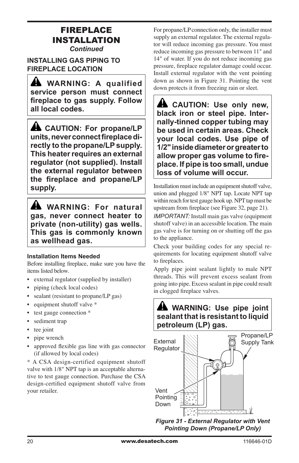 Fireplace installation | Desa T32N-a SERIES User Manual | Page 20 / 44