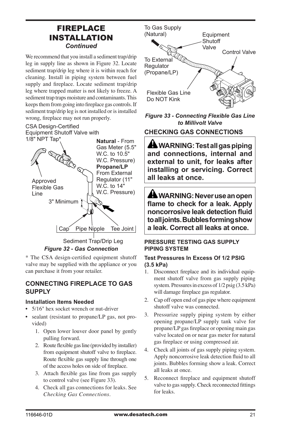 Fireplace installation | Desa T32N-a SERIES User Manual | Page 21 / 44