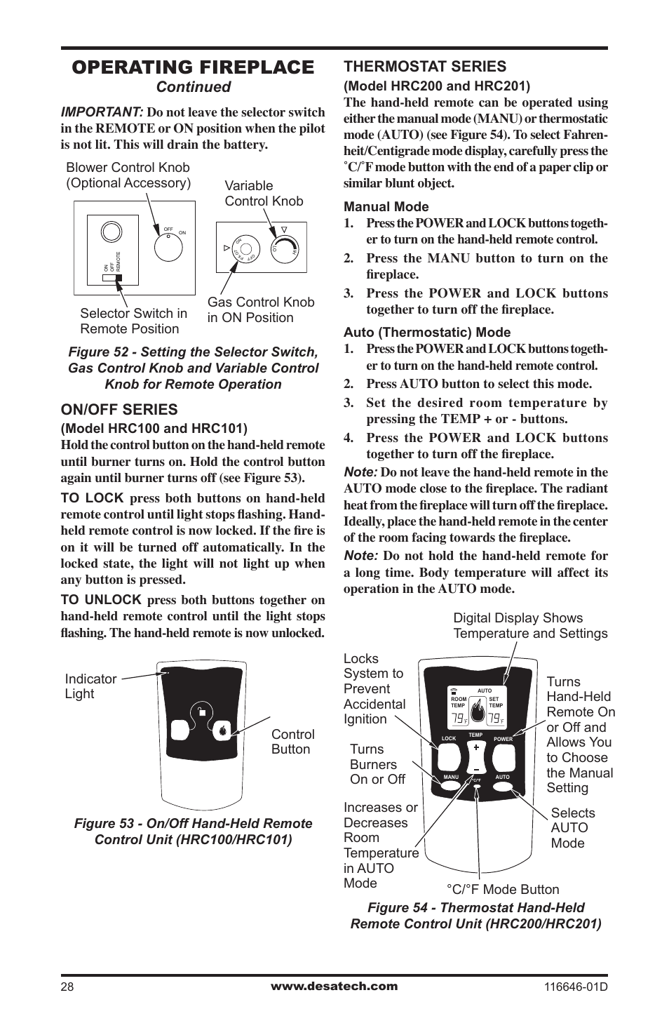 Operating fireplace, Continued on/off series, Thermostat series | Desa T32N-a SERIES User Manual | Page 28 / 44