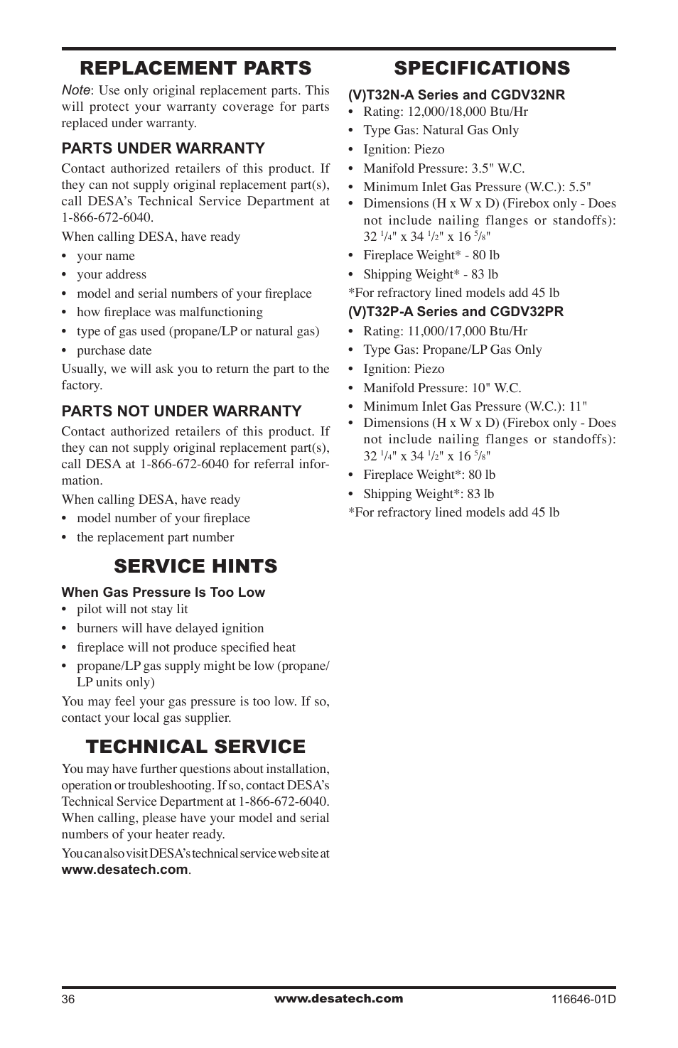 Replacement parts, Service hints, Technical service | Specifications | Desa T32N-a SERIES User Manual | Page 36 / 44