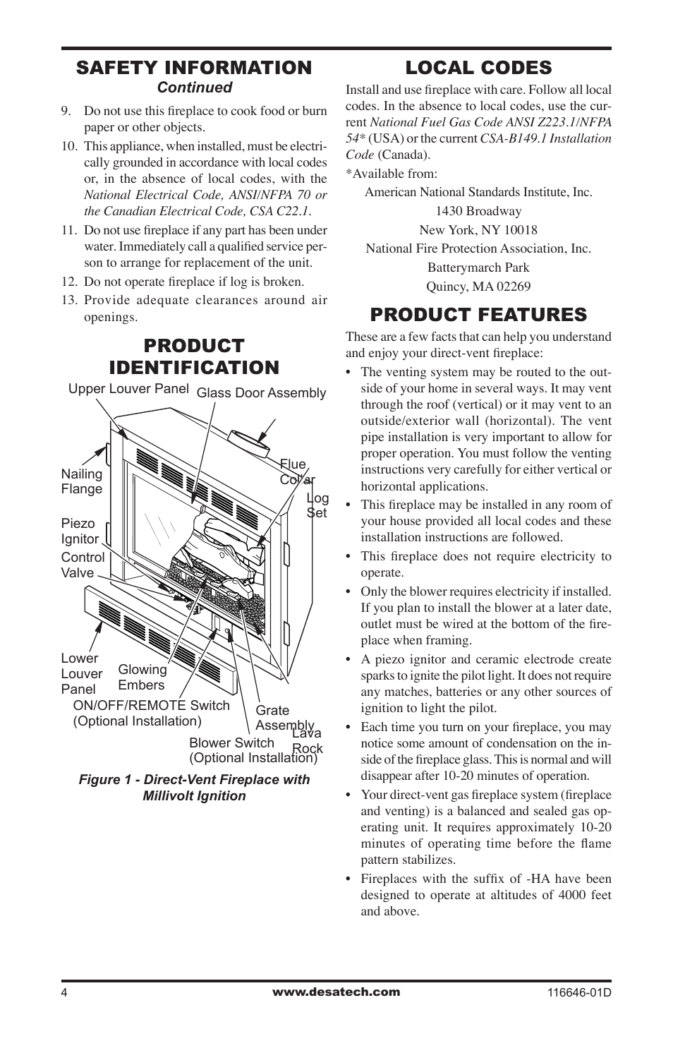 Product identification, Local codes, Product features | Safety information | Desa T32N-a SERIES User Manual | Page 4 / 44